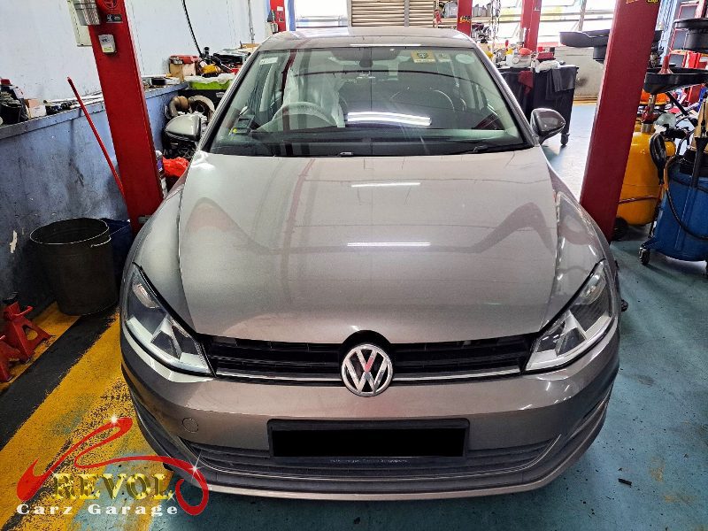 Volkswagen Golf parked at the workshop, in for engine and gearbox mount replacement.