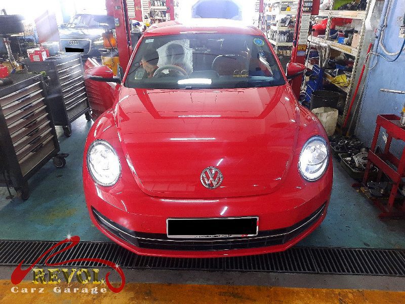 Volkswagen Beetle parked at the workshop, in for an ABS sensor diagnosis.