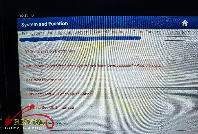 Diagnostic scan on the Volkswagen Beetle pointing to the failed wheel speed sensor.
