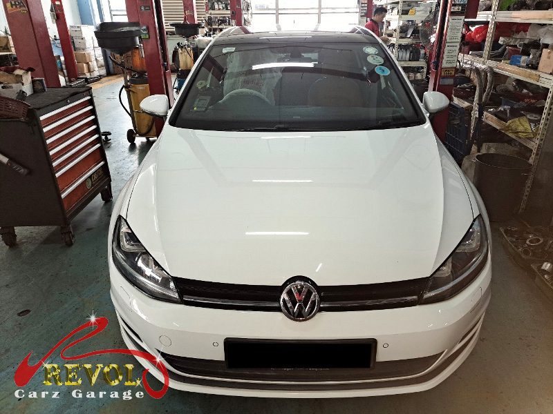 Volkswagen Golf parked at the workshop, in for engine and transmission mount replacement.
