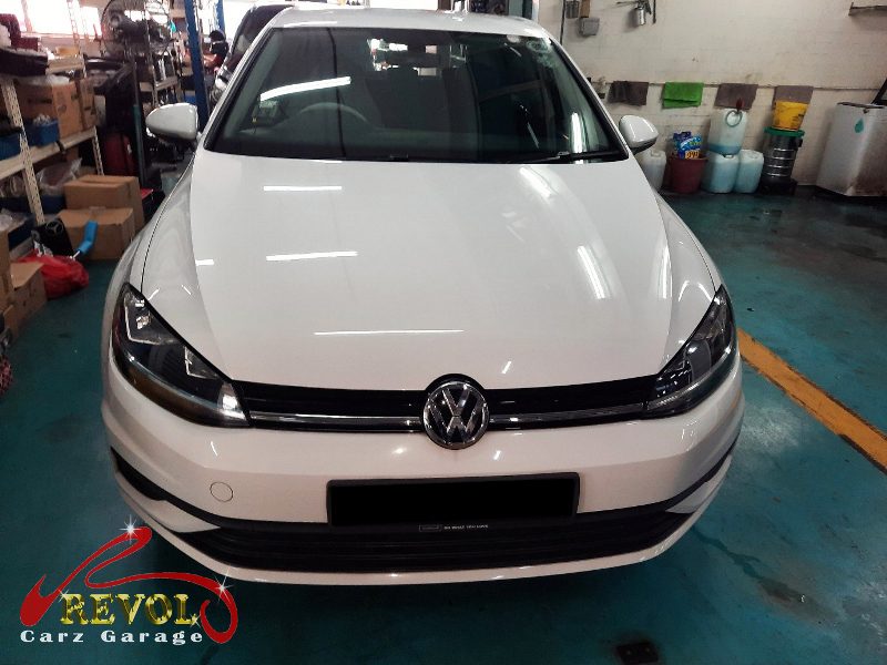 Volkswagen Golf parked at the workshop, in for front brake inspection.