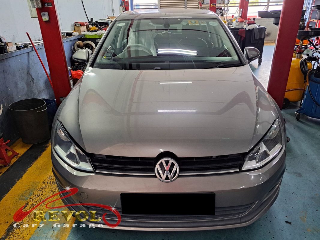 Volkswagen Golf parked at the workshop, in for engine mount inspection.