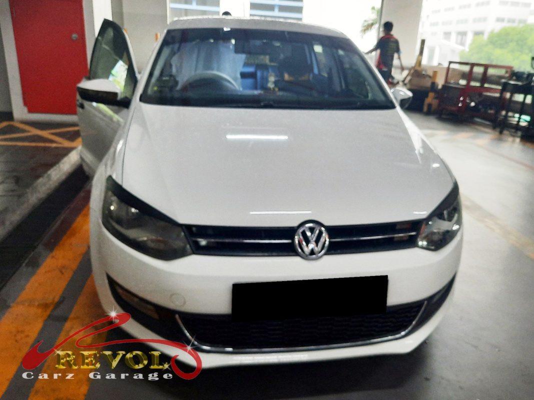 Volkswagen Polo parked at the workshop, in for a spark plug service.