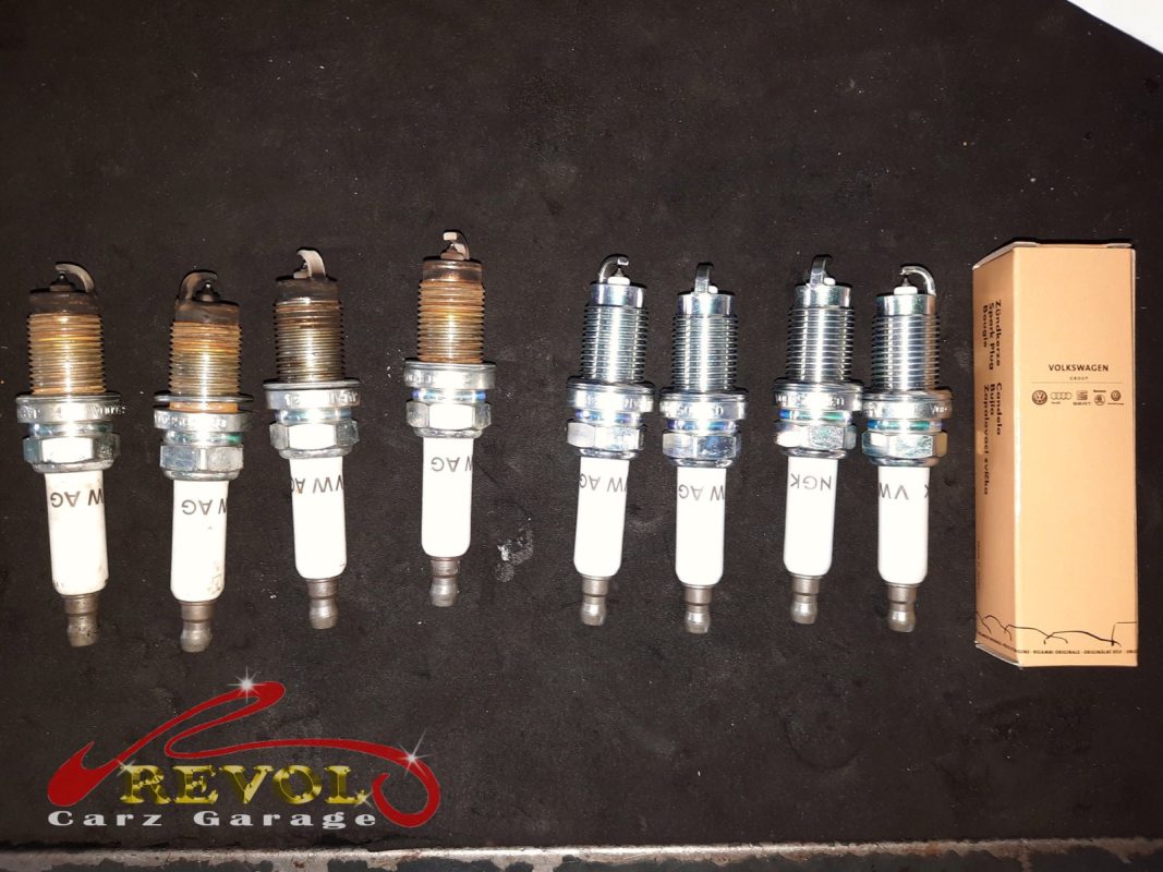 The new set of VW-spec spark plugs gapped and ready to fit.