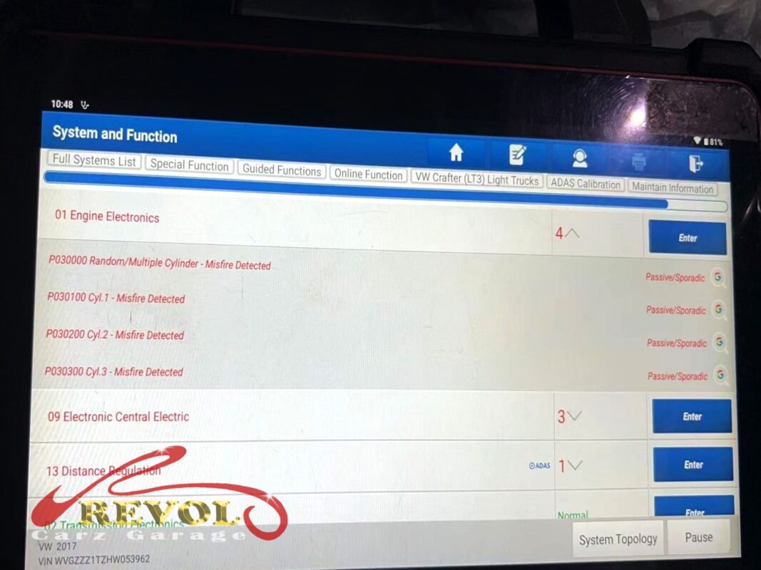 The diagnostic scan showing the misfire on the Volkswagen Touran.