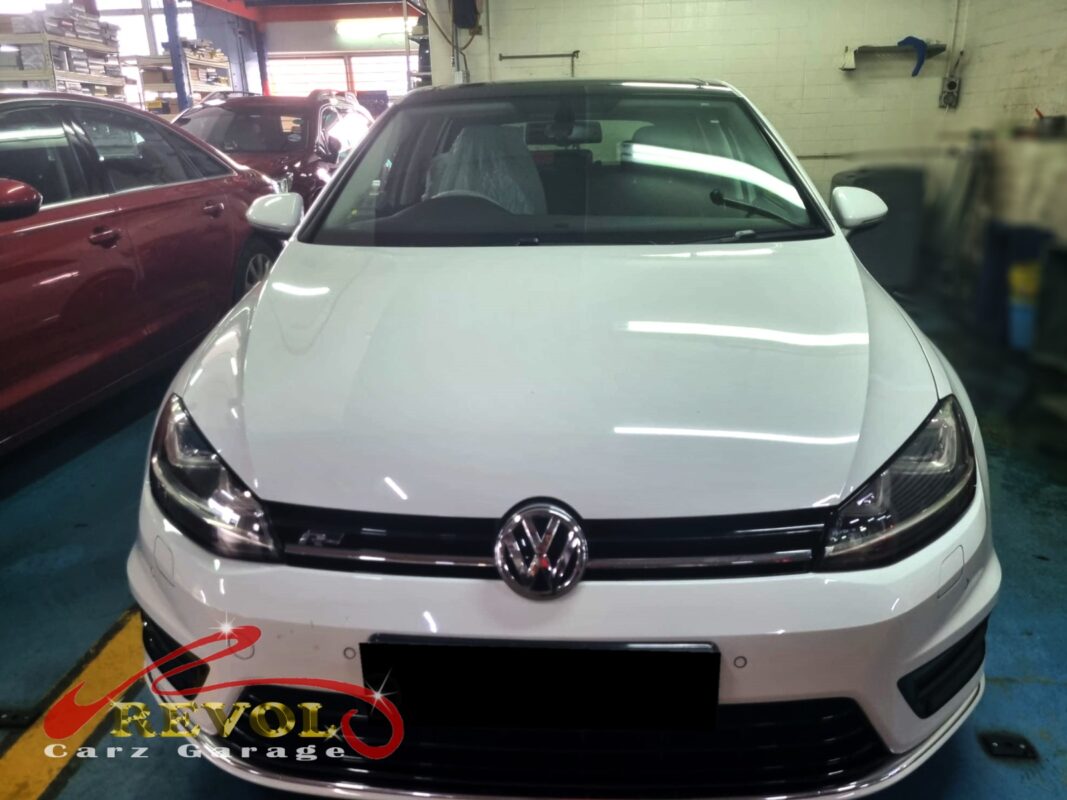 Volkswagen Golf parked at the workshop, in for engine mount inspection.