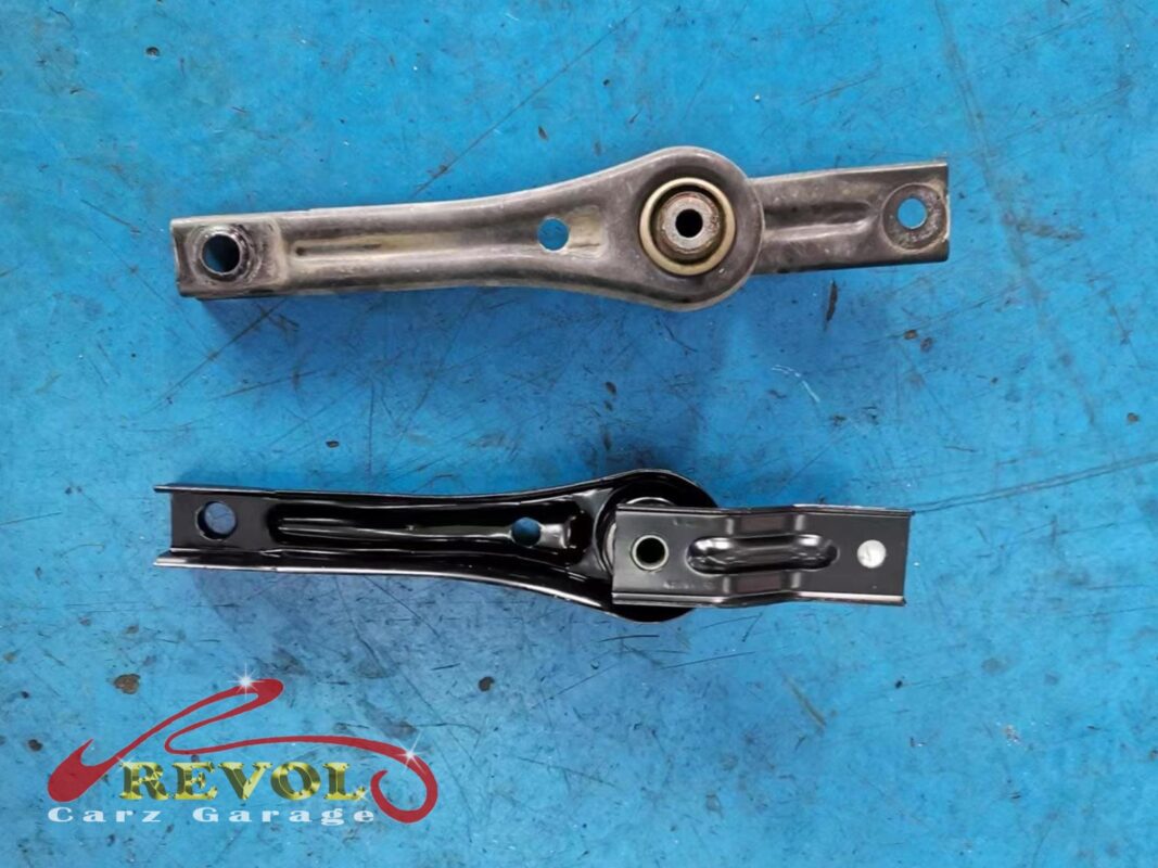 The drivetrain settled on the new mounts and aligned in the bay.