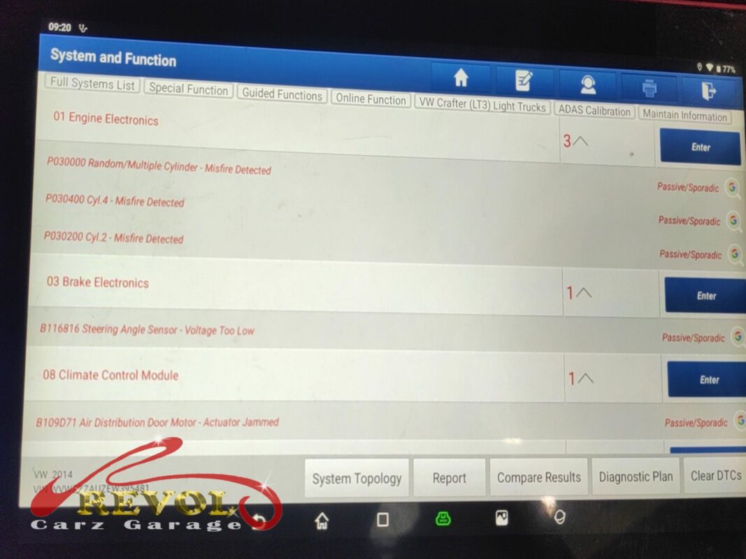 The diagnostic scan showing the misfire on the Volkswagen Golf.