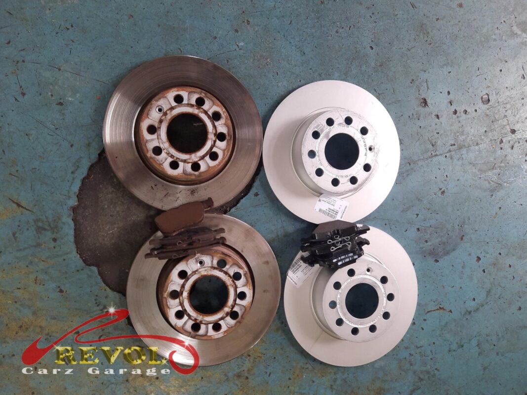The new VW-spec front discs and pads ready to fit.