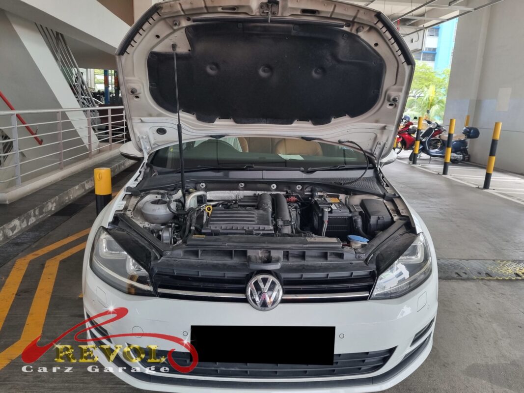 Volkswagen Golf parked at the workshop, in for aircon compressor inspection.