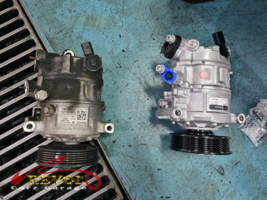 The new VW-spec compressor and receiver-drier installed and the system recharged.