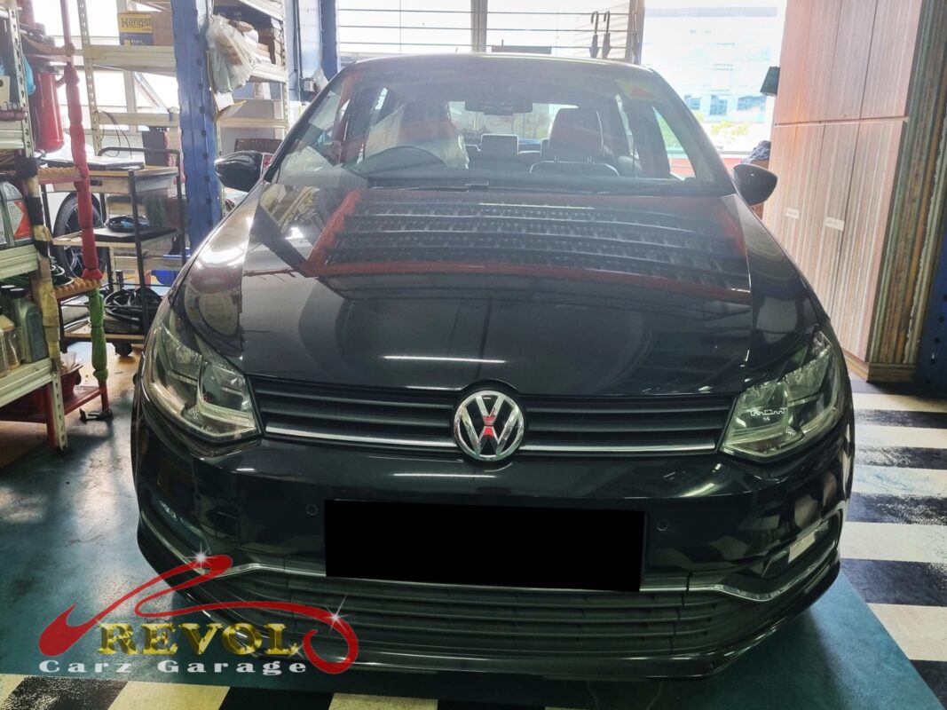 Volkswagen Polo parked at the workshop, in for brake inspection.