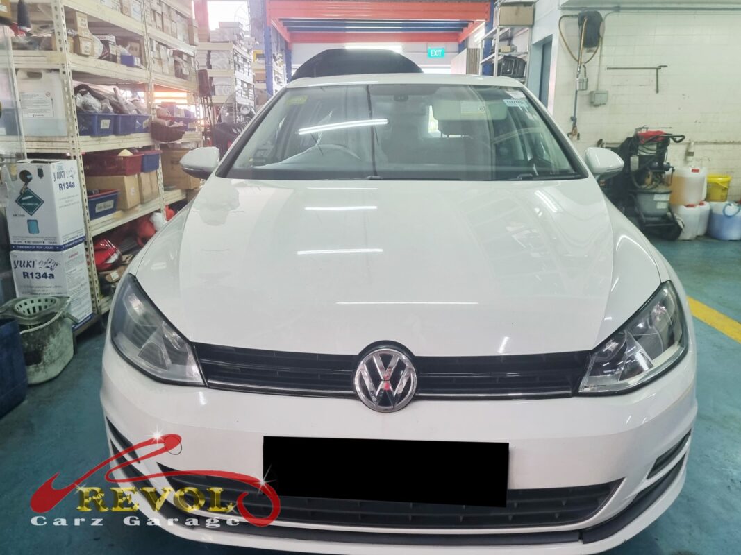 Volkswagen Golf parked at the workshop, in for cooling system inspection.