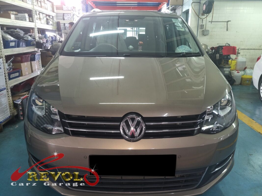 Volkswagen Sharan parked at the workshop, in for front lower arm inspection.