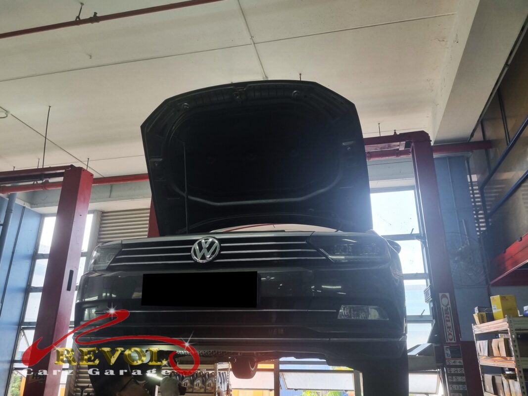 The cooling system pressure-tested on the Volkswagen Passat during the leak hunt.