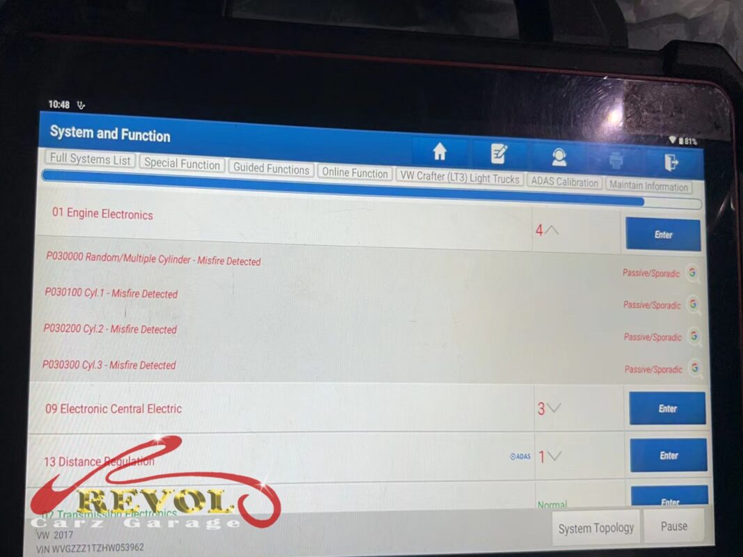 The diagnostic scan showing the misfire on the Volkswagen Touran.