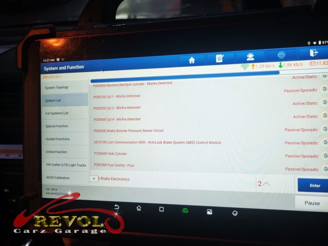 The diagnostic scan showing the misfire on the Volkswagen Jetta.