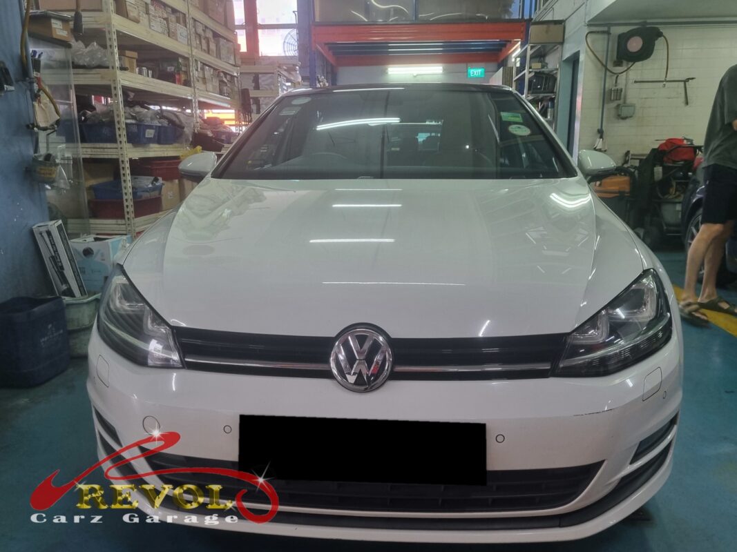 Volkswagen Golf parked at the workshop, in for aircon cooling coil inspection.