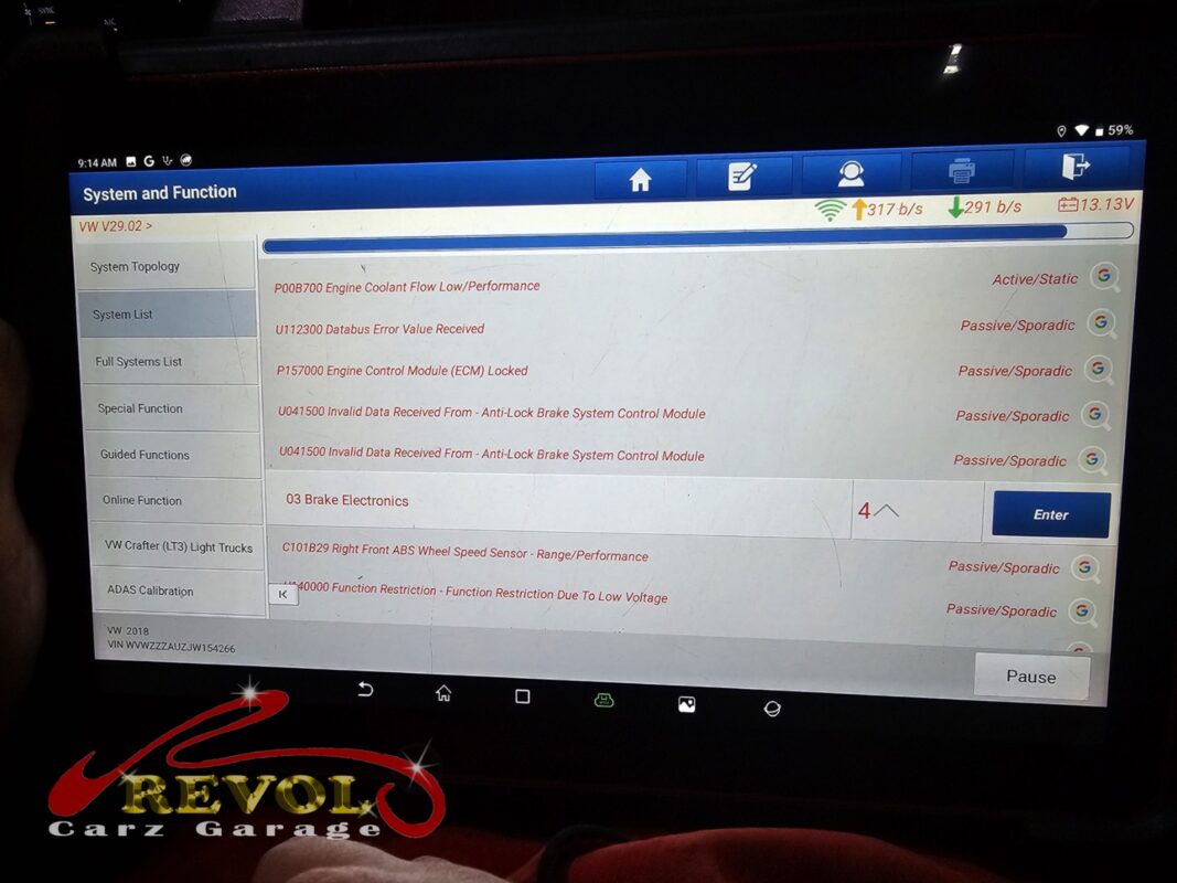 The diagnostic scan: the right front ABS wheel speed sensor flagged for range and performance.