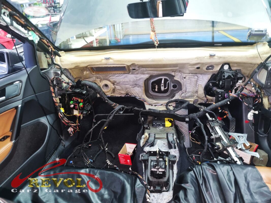 The dashboard stripped right out, the HVAC box exposed to reach the cooling coil.