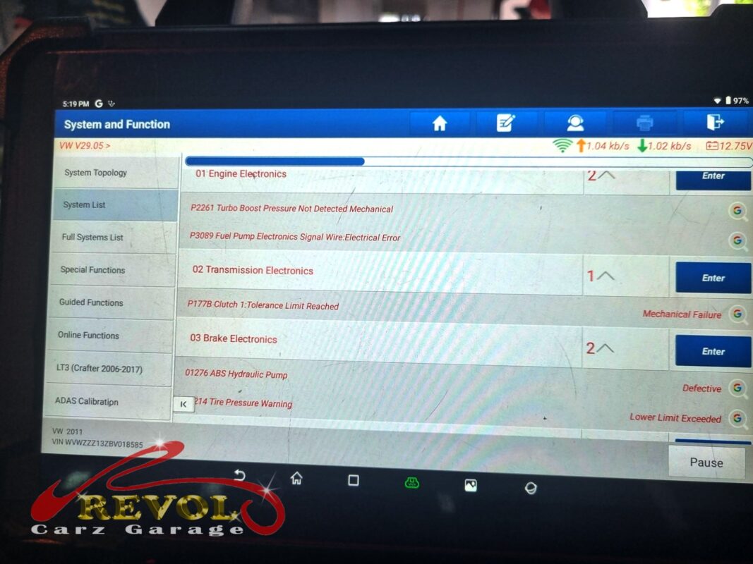 The diagnostic scan: a fuel pump electronics fault flagged, the trail to the pump.