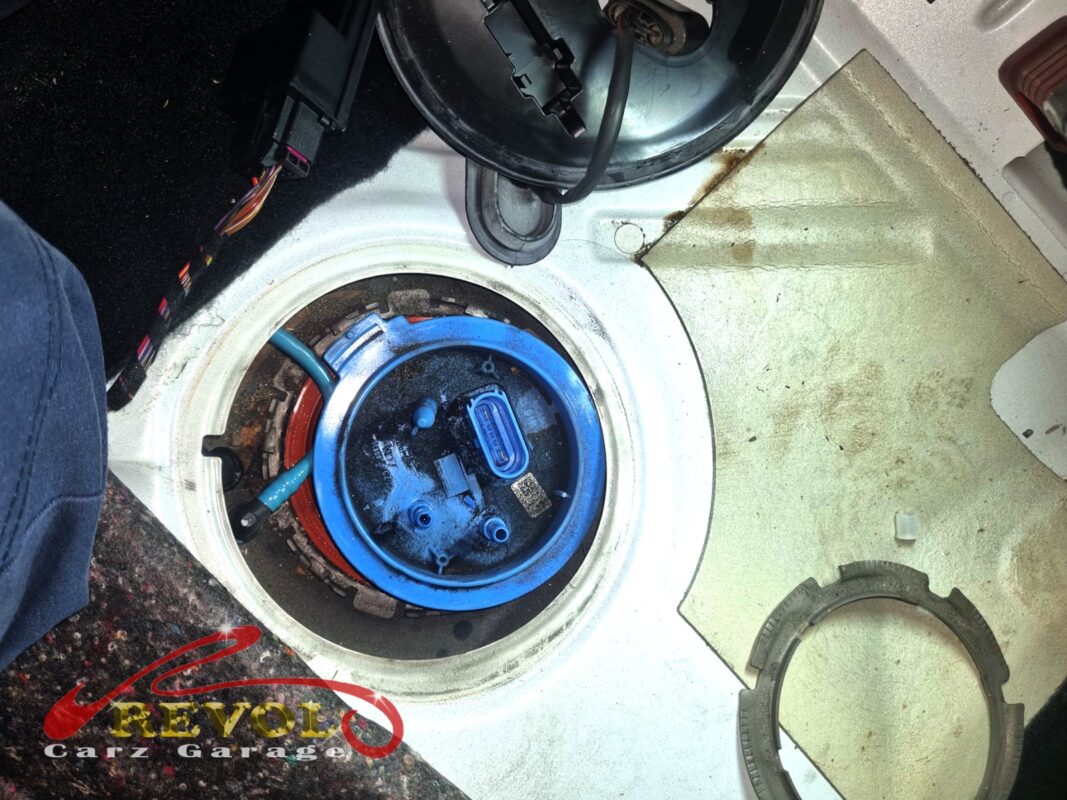 The in-tank fuel pump module exposed through the access hatch under the rear seat.