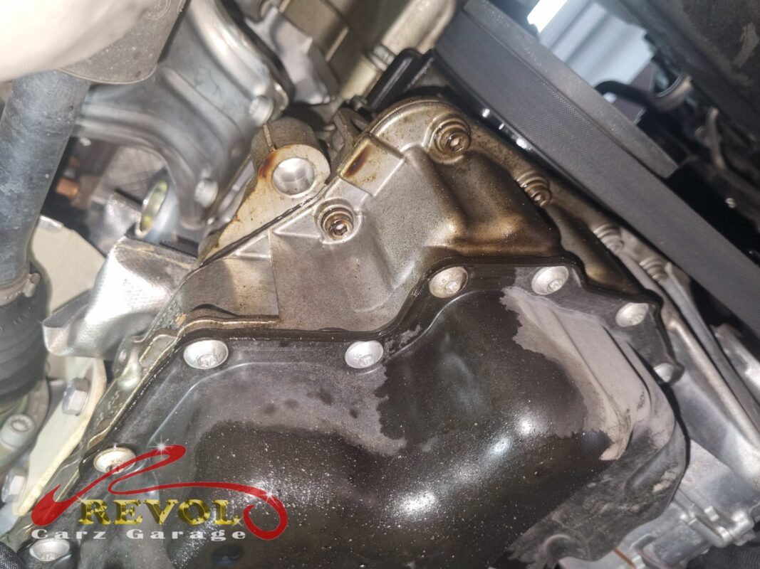 Oily film and residue on the engine, the trail from the failed breather seal, before the separator came off.