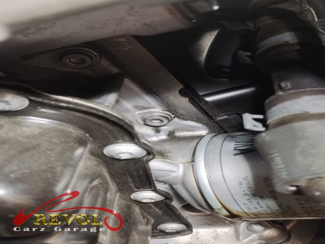 The oil separator area on the side of the engine, the oil filter housing alongside, before the cover came off.