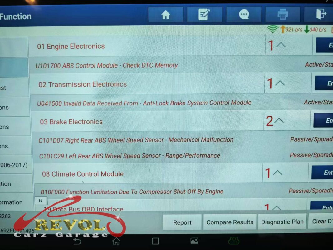 The diagnostic scan: faults logged on both rear ABS wheel speed sensors, one mechanical, one range and performance.