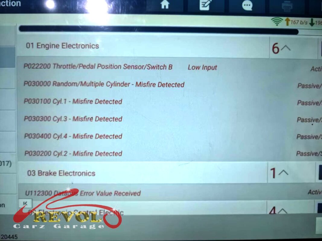 The diagnostic scan: misfires logged on all four cylinders, plus a stored throttle and pedal position code.