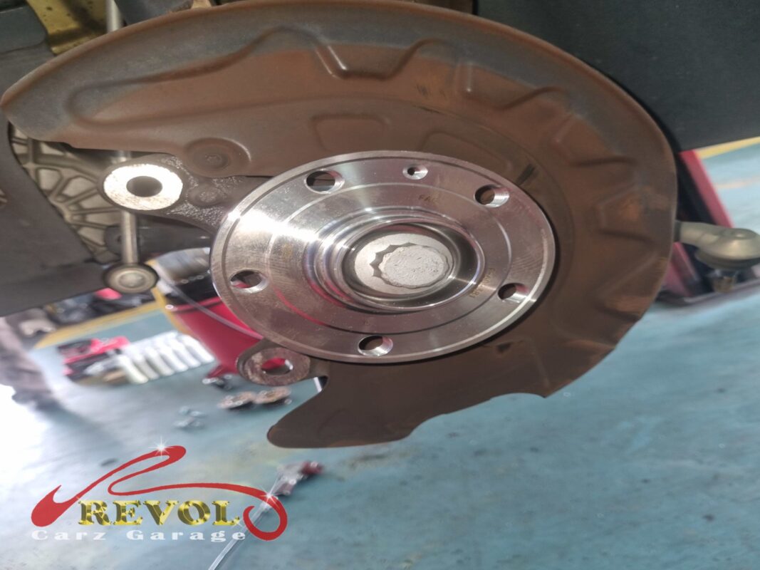 The hub with the new bearing assembly fitted, the dust shield behind it, before the disc and calliper go back on.