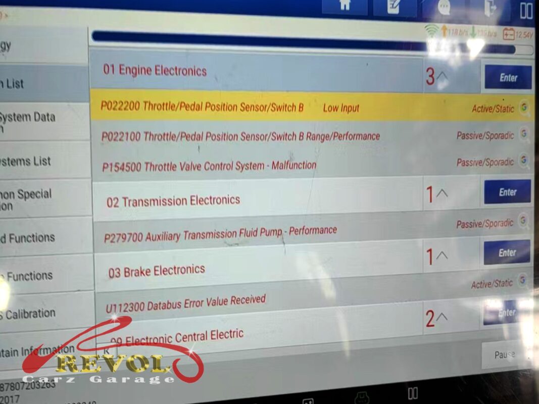 The diagnostic scan: throttle position sensor and throttle valve control faults, the trail to the throttle body.
