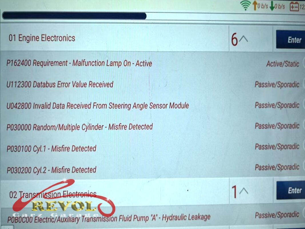 The diagnostic scan: misfires logged on a couple of cylinders, plus the malfunction lamp on.
