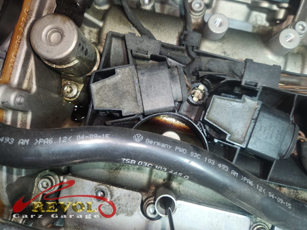 The cam timing solenoids on the head, oil weeping around the bodies.