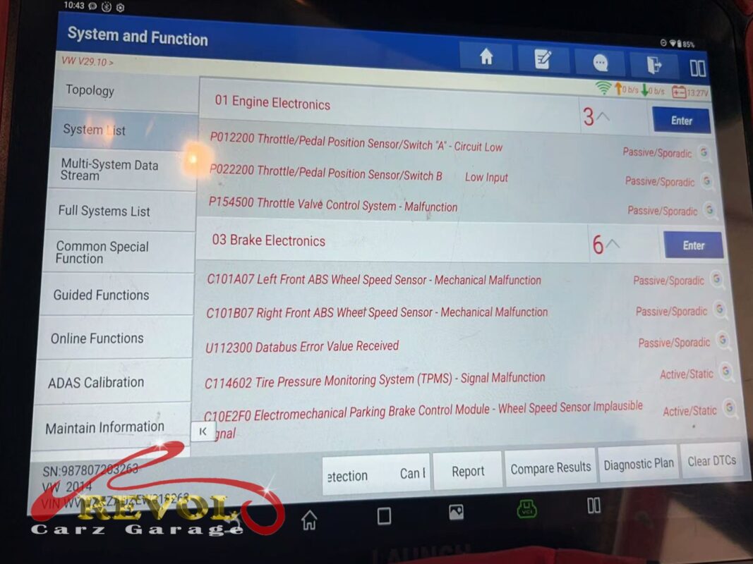 The diagnostic scan: throttle position sensor and throttle valve control faults, the trail to the throttle body.