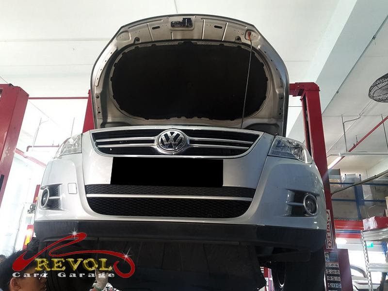 The engine oil and filter changed on the Volkswagen.
