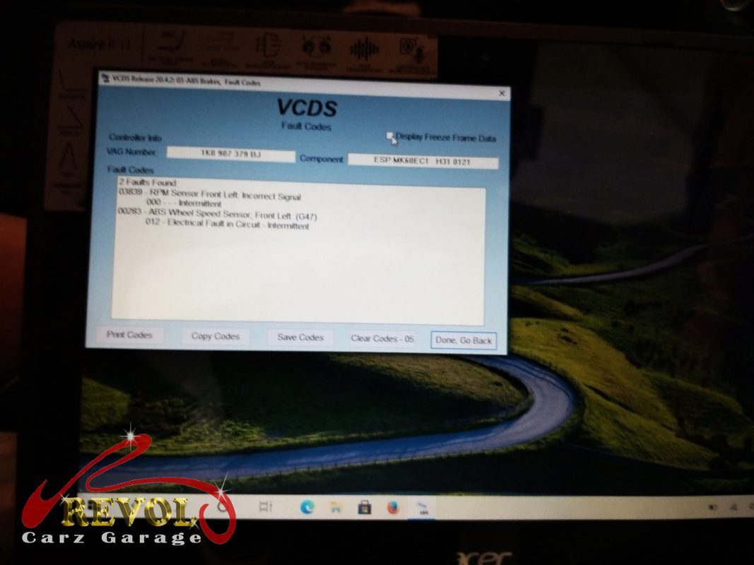 Diagnostic scan on the Volkswagen Jetta pointing to the failed wheel speed sensor.