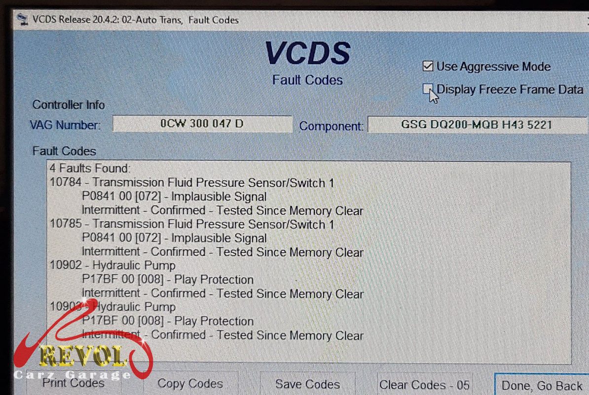 Diagnostic scan on the Volkswagen Golf pointing to the failed DSG mechatronic unit.