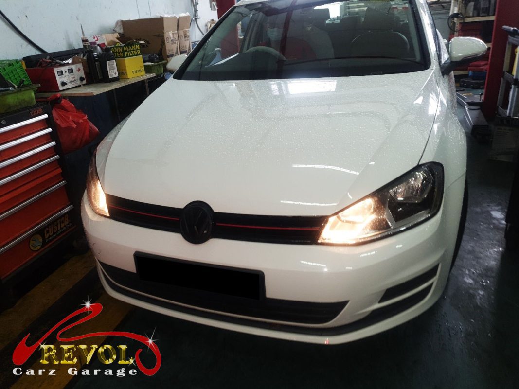 Volkswagen Golf parked at the workshop, in for an overheating diagnosis.