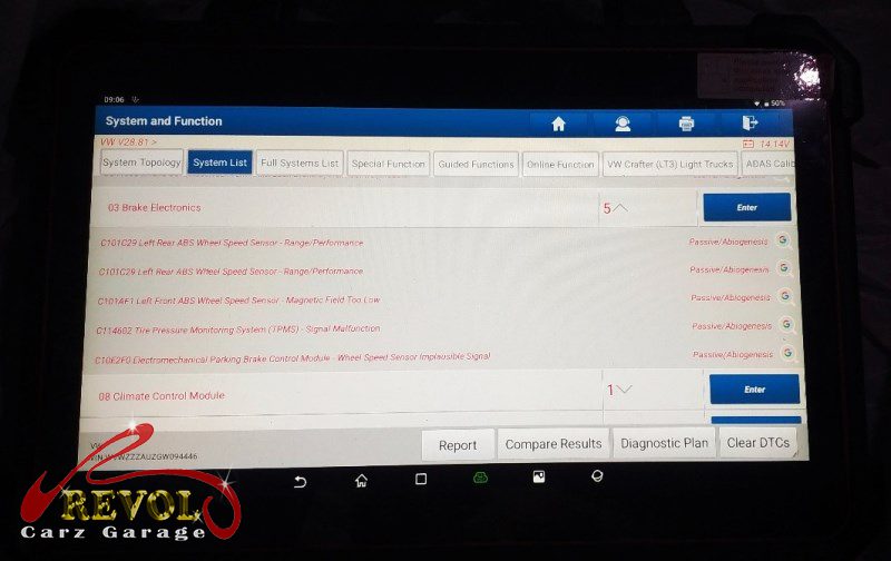 Diagnostic scan on the Volkswagen Golf pointing to the failed wheel speed sensor.
