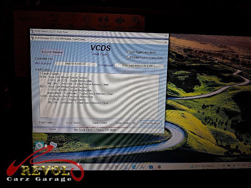Diagnostic scan on the Volkswagen Sharan pointing to the failed wheel speed sensors.
