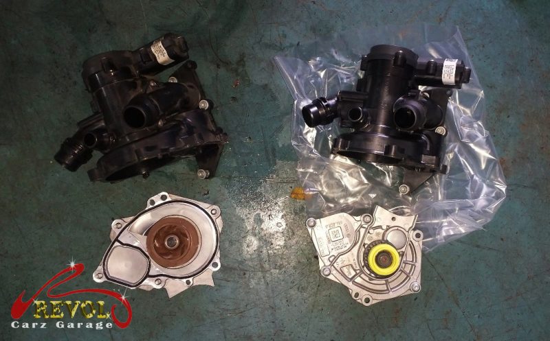 The new genuine VW-spec water pump and thermostat module ready to fit.