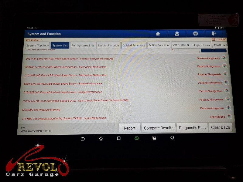 The fault code scan on the Volkswagen Passat pointing to the front ABS speed sensors.