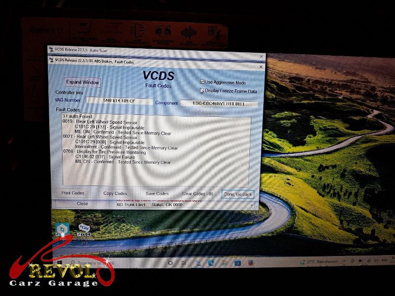 Diagnostic scan on the Volkswagen Sharan pointing to the failed wheel speed sensor.