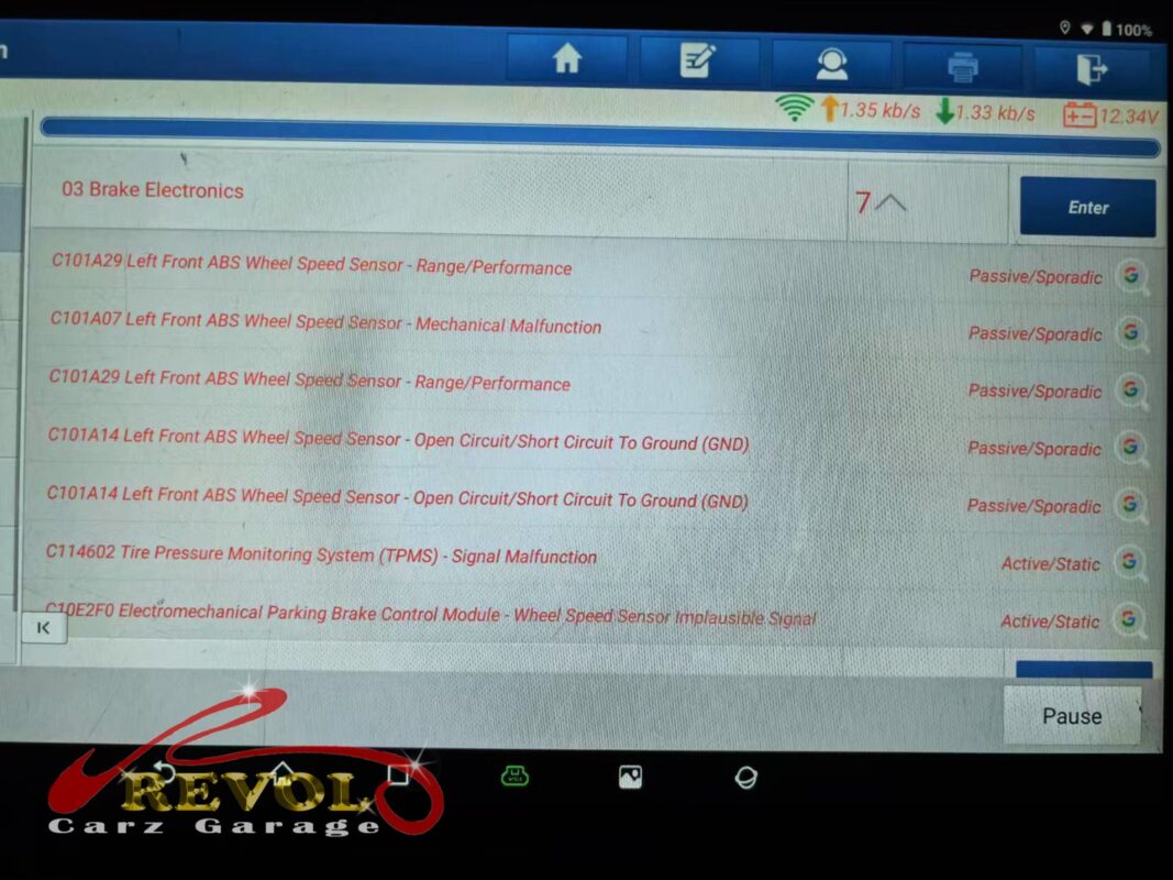 The diagnostic scan: a string of faults all on the left front ABS wheel speed sensor.