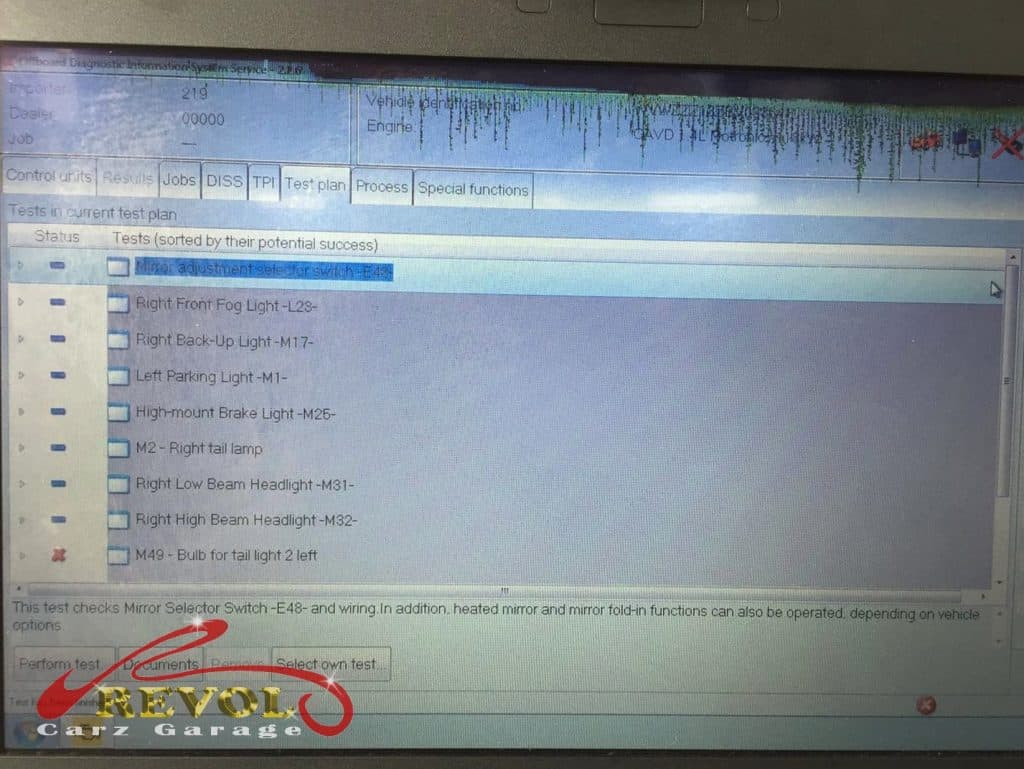 The Volkswagen Golf scanned and tested systematically to trace the lighting fault.