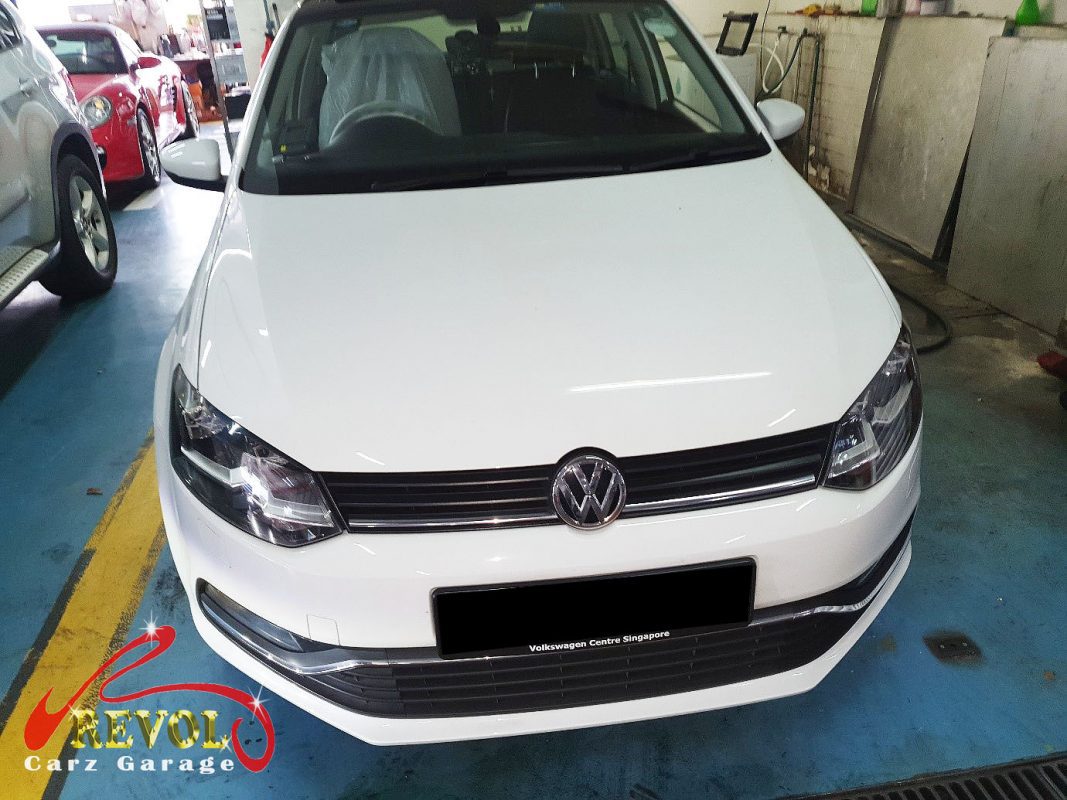 Volkswagen Polo parked at the workshop for a maintenance service.