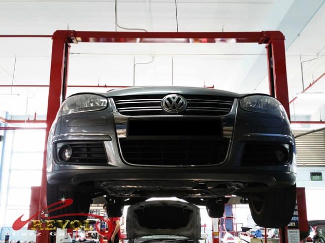 The Volkswagen Jetta lifted for a front-end troubleshoot.