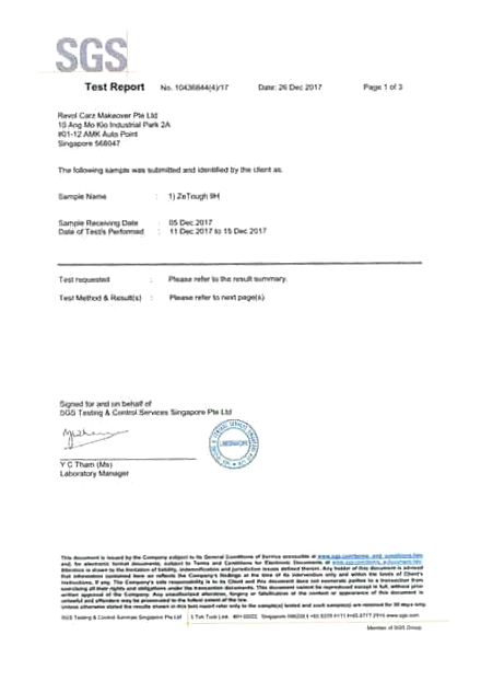 SGS test report 2017, page 1, ZeTough ceramic coating verification