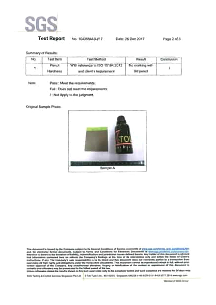 SGS test report 2017, page 2, ZeTough ceramic coating reagent and hardness results